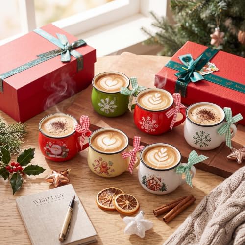 Potchen 6 Pcs 5 oz Christmas Coffee Mugs with Ribbons,Charming - Image 6