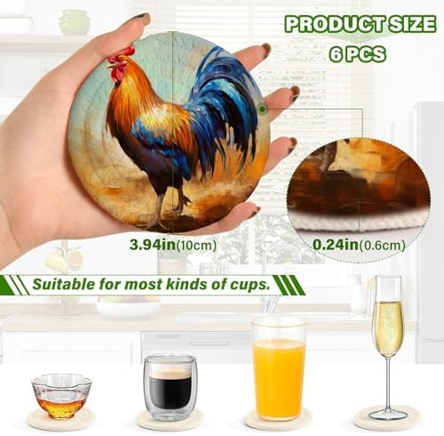YETTASBIN Rooster 6 Pcs Drink Coasters with Holder, Cotton Woven Absorbent Heat-Resistant Round Coaster Non-Slip Table Mat for Kitchen Bar Home Decor Housewarming Gift, 3.9 in - Image 3