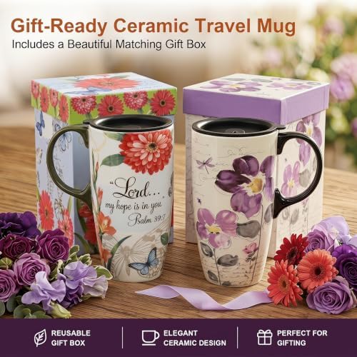 Topadorn 17oz Ceramic Travel Mugs Set of 2, Floral Coffee Mugs with Lids - Image 5