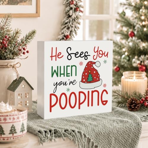Christmas Bathroom Decor, Funny Xmas Tree Hat Christmas Wooden Box Sign - Image 4