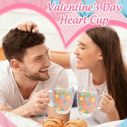 JarThenaAMCS Valentine' s Day Double Wall Glass Coffee Mugs Insulated Glasses 12Oz Candy Conversation Heart Clear Espresso Cups with Handle for Home Holiday Supplies, Set of 2 - Image 6