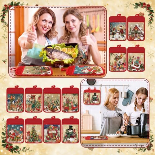 Jingmore 12 Pcs Christmas Pot Holders with Pocket Retro Oven Mitts Bulk - Image 4