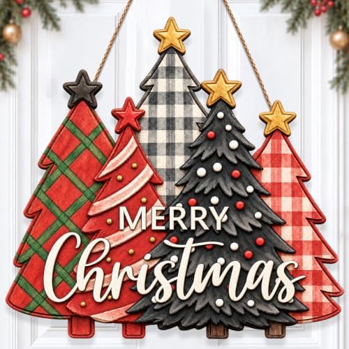 Christmas Decorations Buffalo Plaid Christmas Tree Wooden Hanging Sign by GUDIO