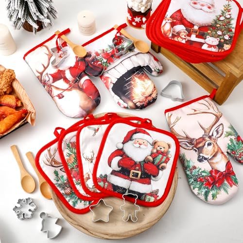 Qinyoung 48 Pcs Christmas Kitchen Oven Mitts Pot Holders, Retro - Image 2