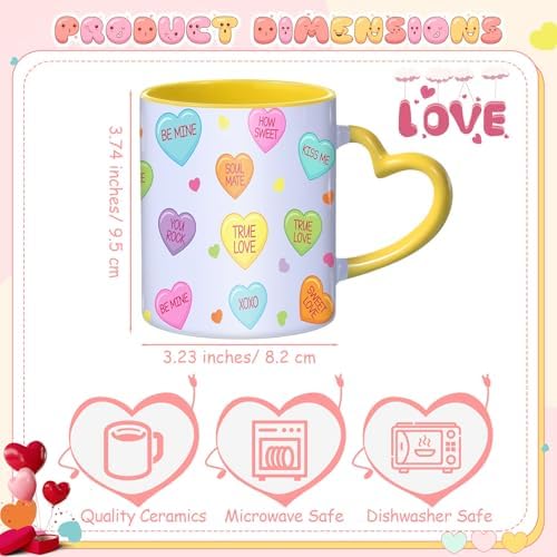 Valentine's Day Coffee Mug Set of 6, 10oz Ceramic Cups with Heart-shaped Handles, Colorful Candy Heart Design, Cute Romantic Gift for Couples, Friends, Party, Kitchen & Home Decor - Image 2