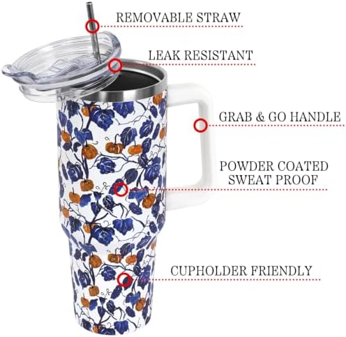 Fall Thanksgiving Tumbler with Lid and Straw 40oz, Cute Blue and White Porcelain Pumpkin Leaves Vacuum Insulated Leak Proof Stainless Steel Coffee Cup, Farmhouse Accessories Gift for Women Girls - Image 4