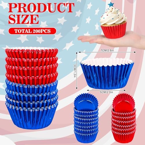 JarThenaAMCS 200Pcs Red Blue Foil Cupcake Liners July 4th Patriotic Metallic Baking Cups Independence Day Cupcake Wrappers Muffin Liners for 250th Anniversary Memorial Day Veterans Day Party Supplies - Image 2