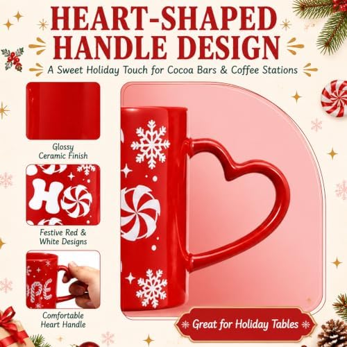 Christmas Mugs Set of 6 with Heart Handles, 10 oz Ceramic Cups - Image 3