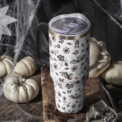 Halloween Tumbler with Lid and Straw 40oz,Cute Floral Bat Hearts Vacuum Insulated Leak Proof Stainless Steel Coffee Cup,Goth Cute Spooky Halloween Accessories Gift for Women Girls - Image 2