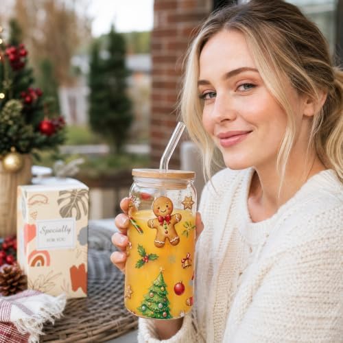 Christmas Gingerbread Glass Cup with Lid Straw Xmas Holiday Gifts - Image 5