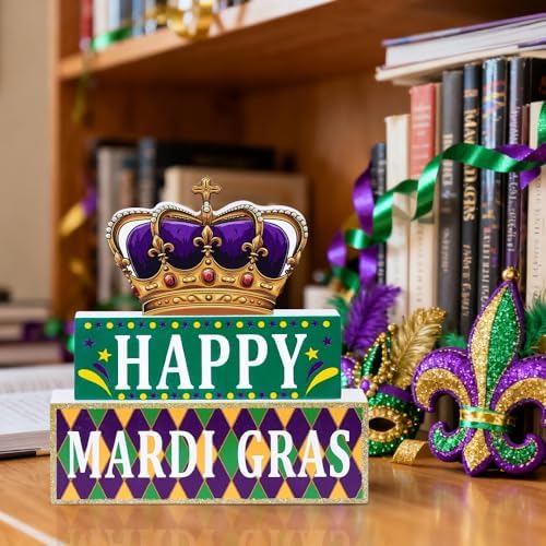 MEETYAMOR Mardi Gras Decorations, Wood Block Crown HAPPY MARDI GRAS Sign Table Decor, Glitter 3-Layered Wooden Mardi Gras Centerpieces for Tables Party Home Room Tiered Tray Shelf Tabletop Mantel - Image 3