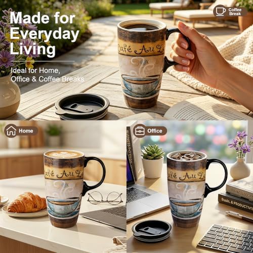Topadorn 17oz Ceramic Travel Mug with Lid, French Café Coffee Mug with Handle, Vintage Latte Cup for Coffee Tea Cocoa, Microwave & Dishwasher Safe, Gift Box Included - Image 4