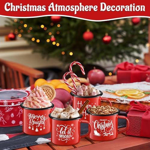 Christmas Enamel Mug Set of 4, 12 oz Hot Cocoa Mugs Christmas Coffee Mugs with Quotes Holiday Mus Stocking Stuffer Xmas Gift for Kids Women Friends Coworkers Family(Red&Quotes) - Image 5