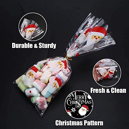 LOKIPA 200 Pcs Christmas Cellophane Treat Bags, Xmas Clear Cello Gift Bags Candy Goodies Bags with Twist Ties for Christmas Party Supplies - Image 3