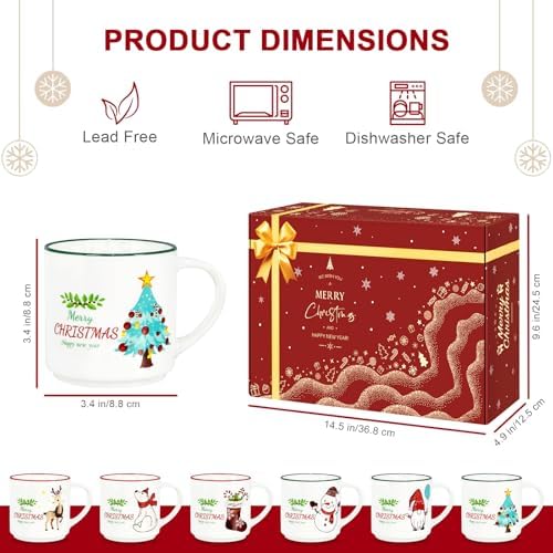 QIKSION Christmas Coffee Mugs Set of 6, 14oz Hot Chocolate Mugs, Cocoa Ceramic Mug, Perfect for Holiday Gifts - Image 3