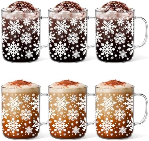 6 Pcs Christmas Glass Mugs with Handle Winter Xmas Coffee Mugs, Snowflakes by Havawish