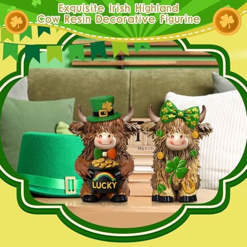 2 Pack Resin St. Patrick's Day Highland Cow Decor Gifts - Image 2