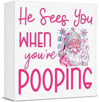 Christmas Bathroom Decor, Funny Pink Christmas Decorations, Glitter Santa Claus Bathroom Table Decoration He Sees You When You're Pooping Wooden Box Sign, Home Shelf Desk Decor for Toilet 5x5 Inches by Unknown
