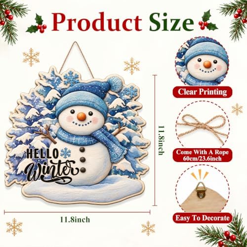 Christmas Snowman Decorations Hello Winter Hanging Wooden Door Sign - Image 3