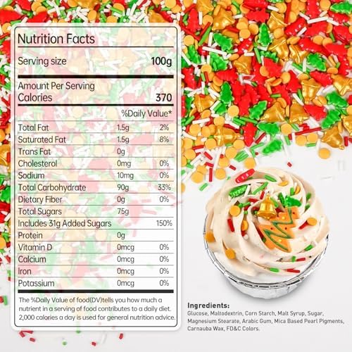 Edible Jimmies Sprinkles for Cake Decorating, 150g/5.29oz, Green & Red Tree Sprinkles, Gold Bell Yellow Nonpareils & White Sugar Mix, Cookies Cupcake Decorations, Baking Party Birthday Supplies - Image 2