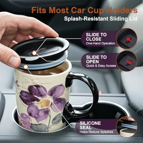 Topadorn 17oz Ceramic Travel Mug with Lid, Tall Purple Floral Coffee Mug - Image 3