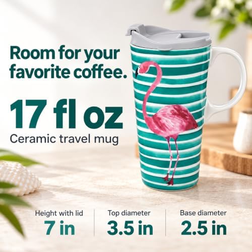 Topadorn 17oz Ceramic Travel Mug with Lid, Flamingo Coffee Mug with Handle - Image 4