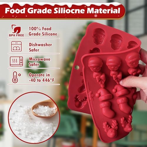 HKNMTT Christmas Silicone molds for Xmas Candy Chocolate Wax Decor, 60 Cavity 11 Shapes Gummy Mould, Including Tree Santa Cane Hat Socks Elk Gingerbread Man Bell Glove Snowman Food Grade DIY Set - Image 4