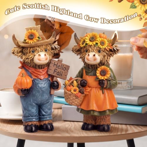 2 Pcs Fall Highland Cow Figurines Gifts, Resin Table Decor - Image 5