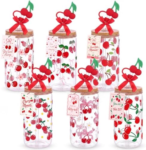 Vesici 6 Set Cherry Glass Cups with Lid Straw and Stopper, Cherry Gift by Vesici