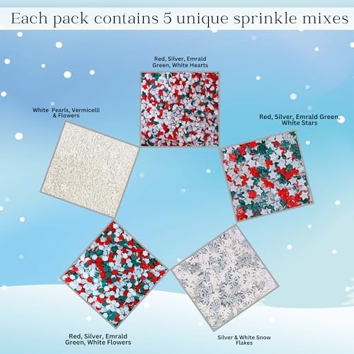 Confect Christmas Sprinkles | Mix Edible Red Green Silver & White Heart & Star | Silver & White Snowflakes Jimmies & Pearls | Cake Decorating Sprinkles - 5 Oz - Image 4