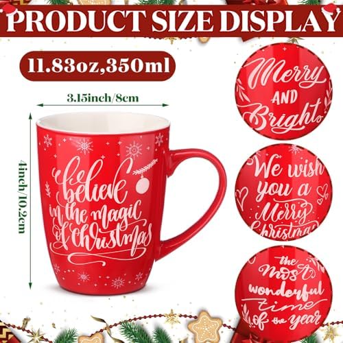 4 Pcs Snowflake Christmas Ceramic Mugs Set, Red Holiday Coffee Cup - Image 3