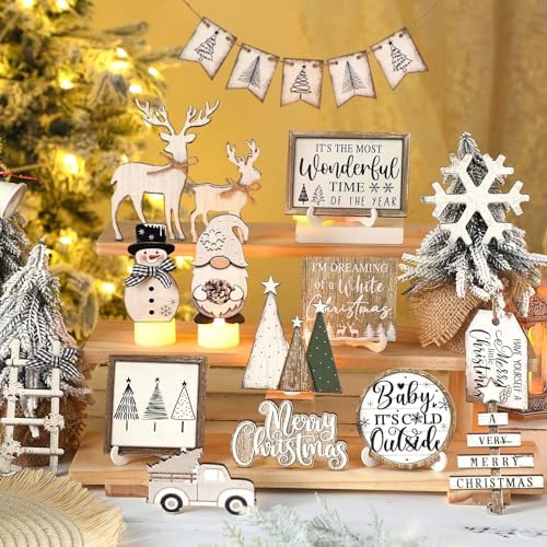 Shellwei 20 Pcs Neutral Christmas Tiered Tray Decor, Winter Farmhouse Signs - Image 4