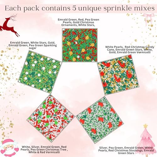 Confect Christmas Sprinkles | Christmas Sprinkles - Green White Silver Red & Gold Pearls Sparkling sugar I Christmas Tree Stocking & Candy Canes for Dessert Decorating- 5 Oz - Image 2