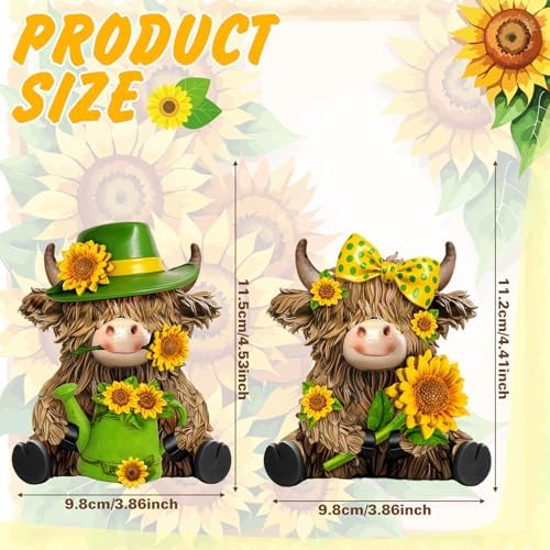 2 Pcs Resin Highland Cow Figurine Decor, Brigh Sunflower Style - Image 3