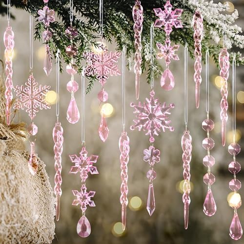 Crystal Christmas Tree Ornaments, Pink Acrylic Snowflake & Icicle, 32pcs by OuMuaMua