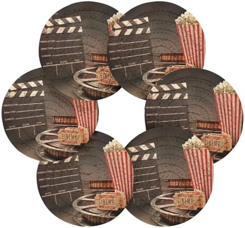 YETTASBIN Movie Theater Popcorn 6 Pcs Drink Coasters with Holder, Cotton Woven Absorbent Heat-Resistant Round Coaster Non-Slip Table Mat for Kitchen Bar Home Decor Housewarming Gift, 3.9 in - Image 2