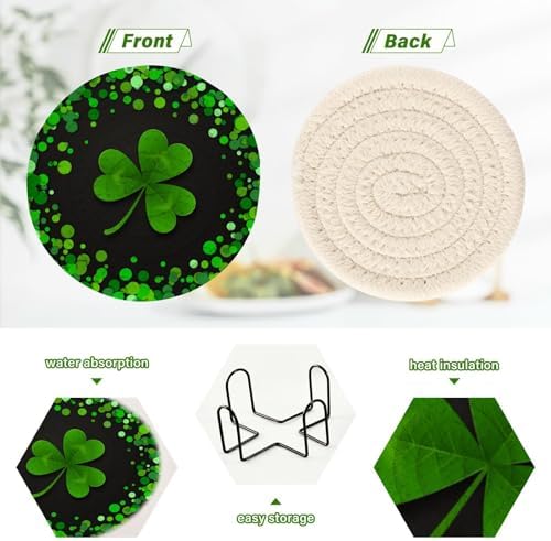 YETTASBIN St. Patrick's Day Shamrock 6 Pcs Drink Coasters with Holder, Cotton Woven Absorbent Heat-Resistant Round Coaster Non-Slip Table Mat for Kitchen Bar Home Decor Housewarming Gift, 3.9 in - Image 4