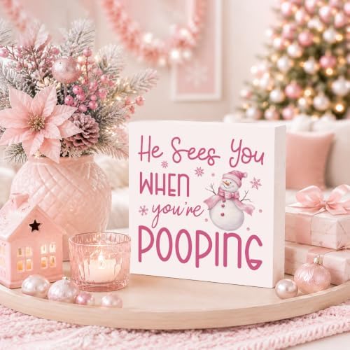 Christmas Bathroom Decor, Funny Pink Christmas Decorations, Bow Snowman Bathroom Table Decoration He Sees You When You're Pooping Wooden Box Sign, Home Shelf Desk Decor for Toilet 5x5 Inches - Image 3
