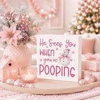 Christmas Bathroom Decor, Funny Pink Christmas Decorations, Bow Snowman Bathroom Table Decoration He Sees You When You're Pooping Wooden Box Sign, Home Shelf Desk Decor for Toilet 5x5 Inches - Image 3