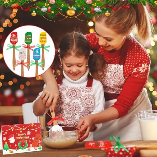 Newtay 5 Sets Christmas Silicone Spatula Cake Spatula Bulk Cooking Scraper with Wooden Handle Xmas Greeting Card Ribbon for Christmas Decoration Holiday Gifts Kitchen Party Favors (Classic Style) - Image 5