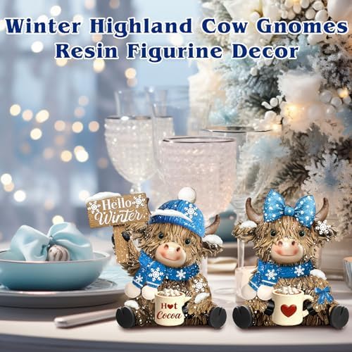 2 Pack Winter Highland Cow Figurine Decor, Resin Table Decor - Image 2