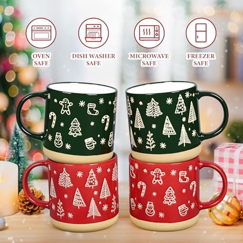 Maustic Christmas Mugs Set of 4, Christmas Coffee Mugs, Holiday Mug with Festive Design, Ceramic Mug for Hot Cocoa, Hot Chocolate, Coffee, Tea, Family Gifts, 12 Oz, Microwave & Dishwasher Safe - Image 5