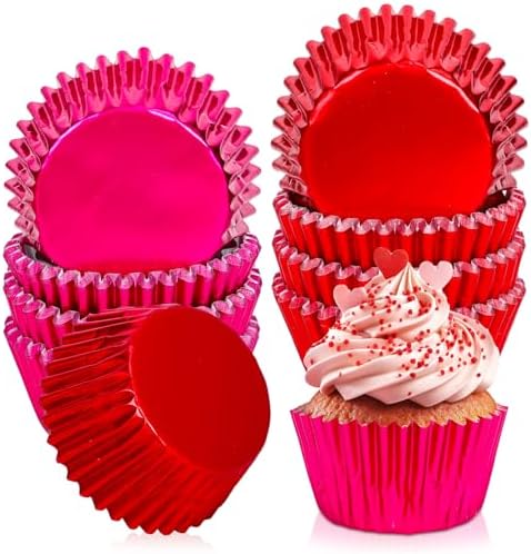 JarThenaAMCS 200Pcs Red Pink Foil Cupcake Liners Foil Metallic Baking Cups Cupcake Wrappers Muffin Liners for Valentine Christmas Birthday Wedding Party Supplies by JarThenaAMCS