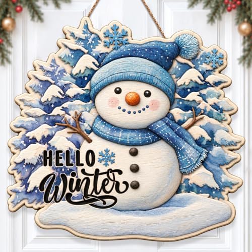 Christmas Snowman Decorations Hello Winter Hanging Wooden Door Sign by GUDIO