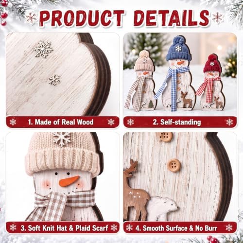 Suzile 3 Pcs Christmas Snowman Decoration Rustic Wooden Winter Indoor Decor - Image 5