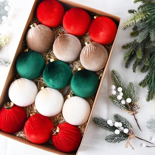 Velvet Christmas Balls Ornaments for Tree - 15pcs Shatterproof Christmas Ornaments for Xmas Trees Decorations - Multicolor Red Green Brown Beige, 80mm 3.15inch - Image 2