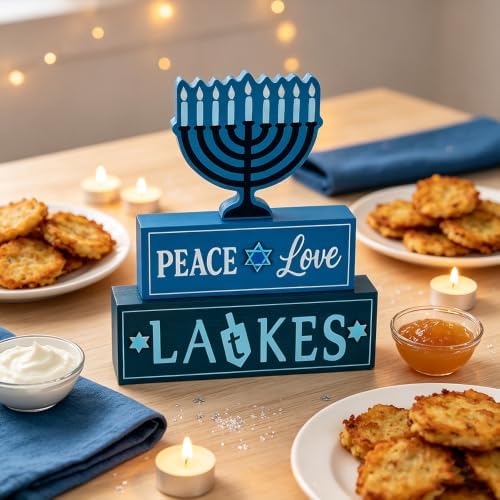 MEETYAMOR Hanukkah Decorations for Home, 3-Layered Wood Block with Dreidel Star of David Menorah Hanukkah Decor, Decorative Blue Jewish Judaism Chanukah Decor for Mantel Tabletop Party - Image 7