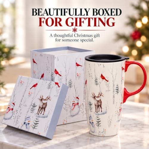 Topadorn Christmas Ceramic Travel Mug with Lid, 17 oz, Cardinal and Deer - Image 3