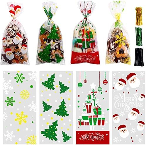 LOKIPA 200 Pcs Christmas Cellophane Treat Bags, Xmas Clear Cello Gift Bags Candy Goodies Bags with Twist Ties for Christmas Party Supplies by LOKIPA