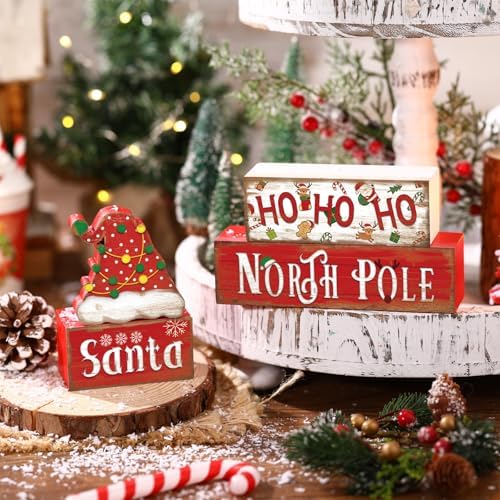 Moucuny 4 Pcs Christmas Table Decorations Santa Hat Wooden Block Signs - Image 5